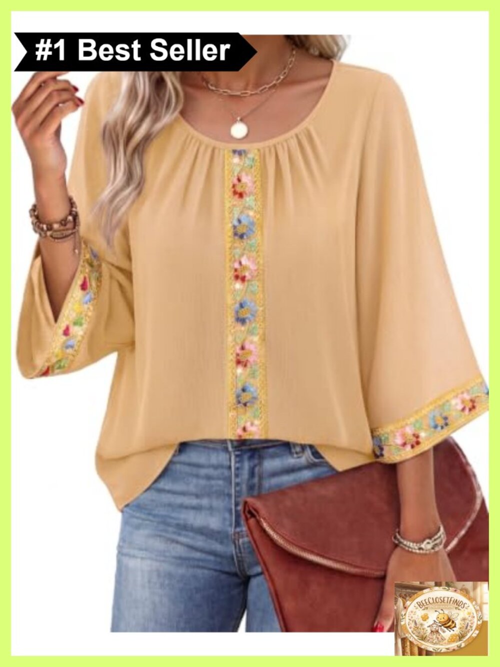 Embroidered 3/4 Bell Sleeve Chiffon Blouse Crew Neck Floral Top
